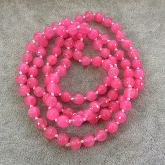 36" Hand-Knotted White Thread Necklace Featuring 8mm Faceted Polished Finish Round/Ball Shaped Dyed Bright Pink Agate Beads - LIMITED STOCK