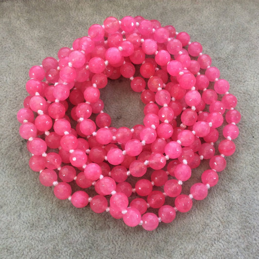 72" Hand-Knotted White Thread Necklace Featuring 8mm Faceted Polished Finish Round/Ball Shaped Dyed Bright Pink Agate Beads - LIMITED STOCK