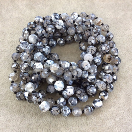 72" Hand-Knotted Black Thread Necklace Featuring 8mm Faceted Polished Finish Round/Ball Shaped Dragon Vein Agate Beads - LIMITED STOCK
