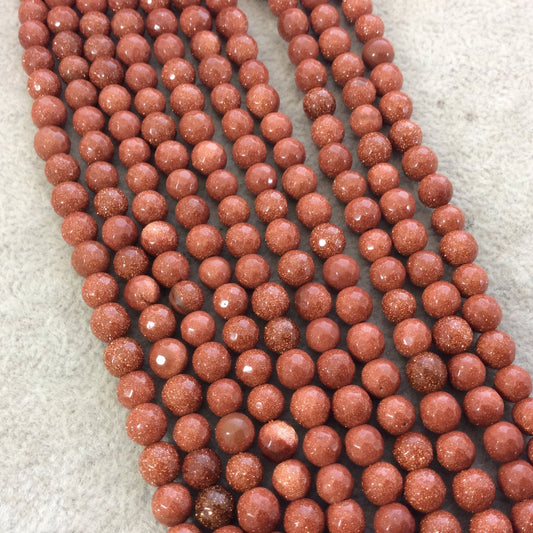 6mm Faceted Manmade Goldstone (Glass) Round/Ball Shaped Beads with 1mm Holes - Sold by 14" Strands (Approx. 63 Beads) - Synthetic Gemstone