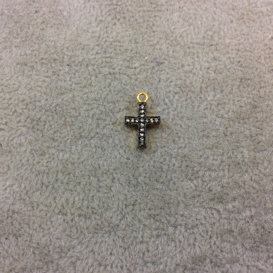 Tiny Oxidized Gold Finish Cross Shaped CZ Cubic Zirconia Inlaid Plated Copper Pendant Component - Measuring 9mm x 12mm - Sold Individually