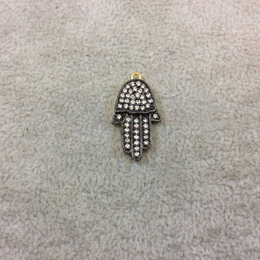 Oxidized Gold Finish Hamsa Hand Shaped CZ Cubic Zirconia Inlaid Plated Copper Pendant Component - Measuring 15mm x 20mm - Sold Individually