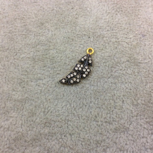 Oxidized Gold Finish Leaf/Feather Shape CZ Cubic Zirconia Inlaid Plated Copper Pendant Component - Measuring 7mm x 20mm - Sold Individually