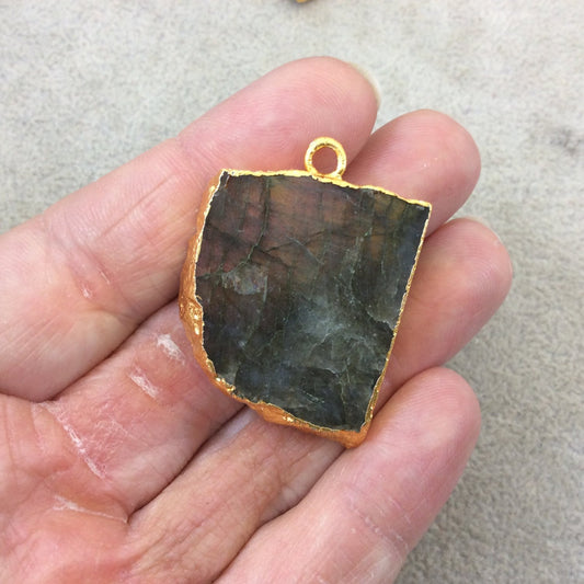 OOAK Gold Electroplated Natural Peach/Orange Labradorite Freeform Shaped Slab/Slice Focal Pendant - Measuring 28mm x 35mm, Approximately