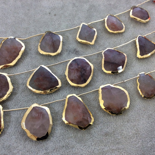 Gold Electroplated Faceted Freeform Slab Shaped Natural Strawberry Quartz Top-Drilled Beads - 9.5" Strand (9 Beads) - 20mm x 25mm, Approx.