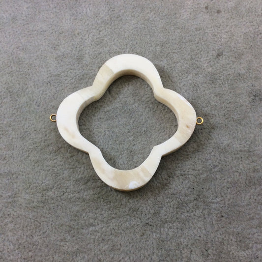 2.25" White/Ivory Open Quatrefoil Shaped Natural Ox Bone Focal Connector with Attached Gold Suspension Ring - Measuring 57mm x 57mm, Approx.