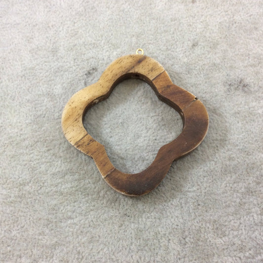 2.25" Brown Open Quatrefoil Shaped Natural Ox Bone Focal Pendant with Attached Gold Suspension Ring - Measuring 57mm x 57mm, Approx.
