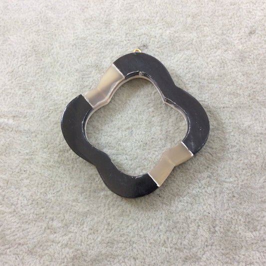 2.25" Black/Ivory Quatrefoil Shaped Natural Bone/Horn Focal Pendant with Attached Gold Suspension Ring - Measuring 57mm x 57mm, Approx.