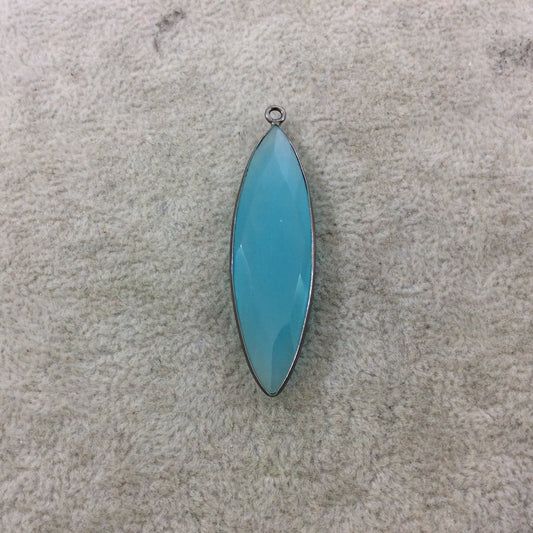 Gunmetal Plated Faceted Aqua Hydro (Lab Created) Chalcedony Marquise Shaped Bezel Pendant - Measuring 13mm x 46mm - Sold Individually