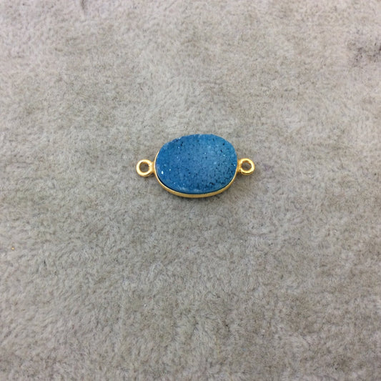 Gold Plated Dyed Teal Blue Druzy Agate Oblong/Oval Shaped Bezel Connector - Measuring 12mm x 16mm Approx. - Sold Individually/Randomly