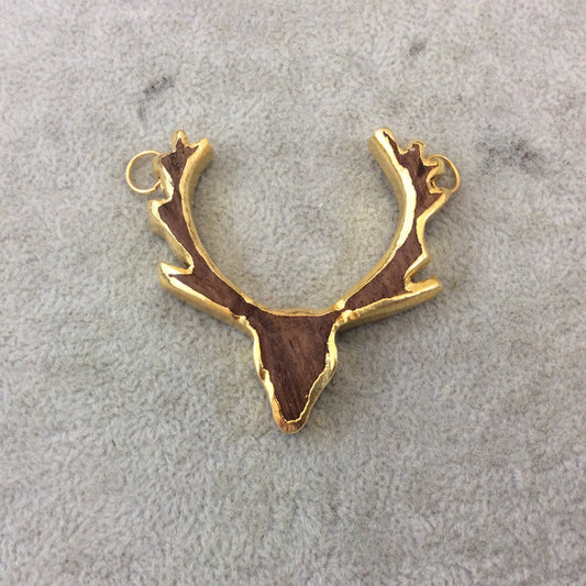 Gold Electrolated Natural Warm Brown Wooden Stag/Deer Head Shaped Focal Pendants - Measuring 50mm x 55mm Approximately - Sold Individually
