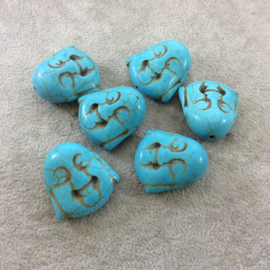BULK PACK of 6 (Six) Turquoise Blue Dyed Howlite Buddha Head/Face Shaped Beads with 1mm Holes - Measuring 28mm x 30mm, Approximatley