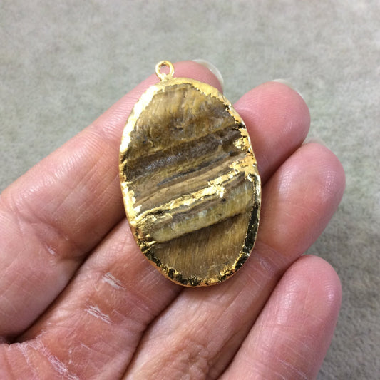 OOAK Gold Electroplated Natural Raw Metallic Tiger's Eye Vertical Oval Shaped Slab/Slice Pendant - Measuring 25mm x 38mm, Approximately