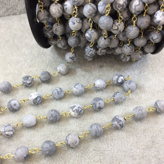 Gold Plated Copper Wrapped Rosary Chain with 8mm Smooth Natural Matte Leopard Jasper Round Shape Beads - Sold by 1' Cut Sections or in Bulk!