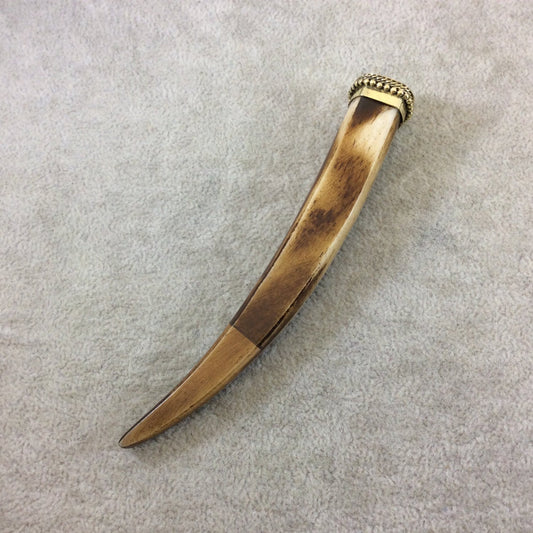 4.5" Mixed Brown Square Tusk/Claw Shaped Natural Ox Bone Focal Pendant with Dotted Gold Cap - Measuring 18mm x 105mm - (TR048-BR)