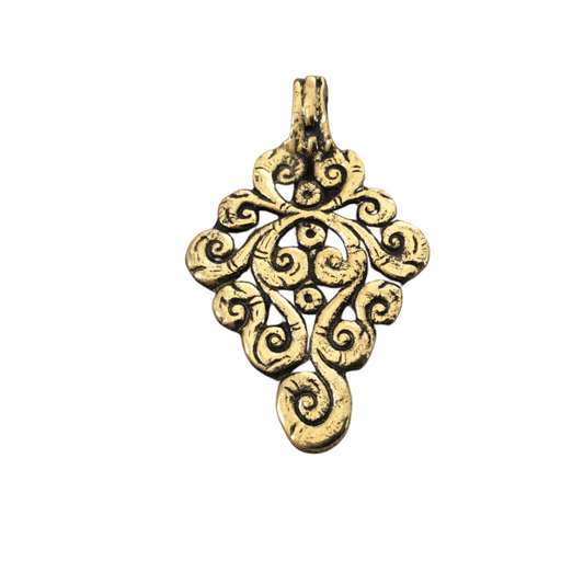 1.75" Heavy Oxidized Brass Detailed Swirled Diamond Shaped Pendant with Attached Bail - Measuring 43mm x 69mm, Approx. - Sold Individually