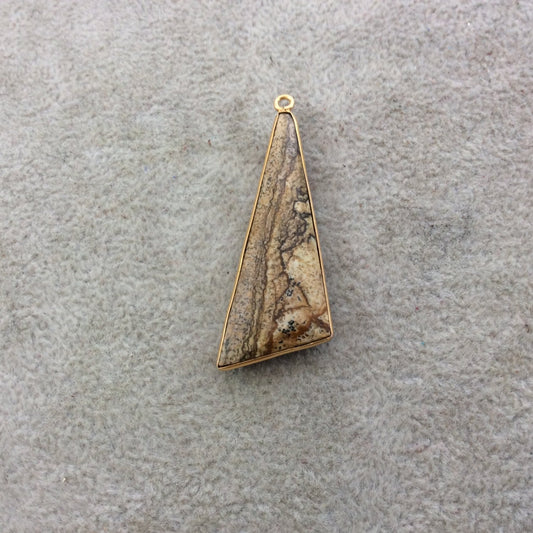 Gold Plated Natural Picture Jasper Faceted Triangle/Sail Shaped Copper Bezel Pendant - Measures 17mm x 47mm - Sold Individually, Random