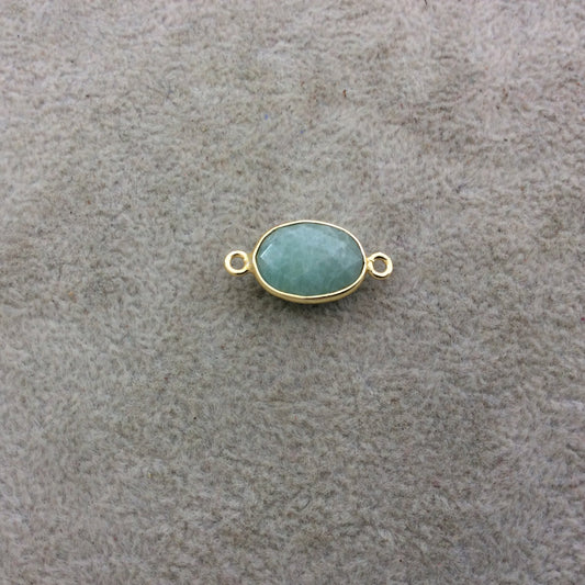 Gold Plated Natural Amazonite Faceted Oblong Oval Shaped Copper Bezel Connector - Measures 10mm x 14mm - Sold Individually, Random