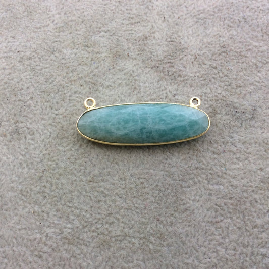 Gold Plated Natural Amazonite Faceted Oblong Oval Shaped Copper Bezel Pendant/Connector - Measures 40mm x 12mm - Sold Individually, Random