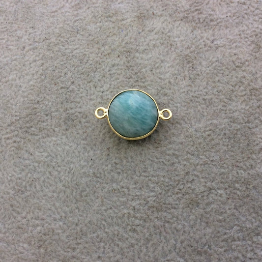 Gold Plated Natural Amazonite Faceted Round/Coin Shaped Copper Bezel Connector/Link - Measures 14mm x 14mm - Sold Individually, Random