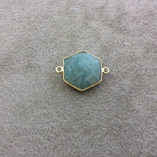 Gold Plated Natural Amazonite Faceted Hexagon Shaped Copper Bezel Connector/Link - Measures 18mm x 18mm - Sold Individually, Random