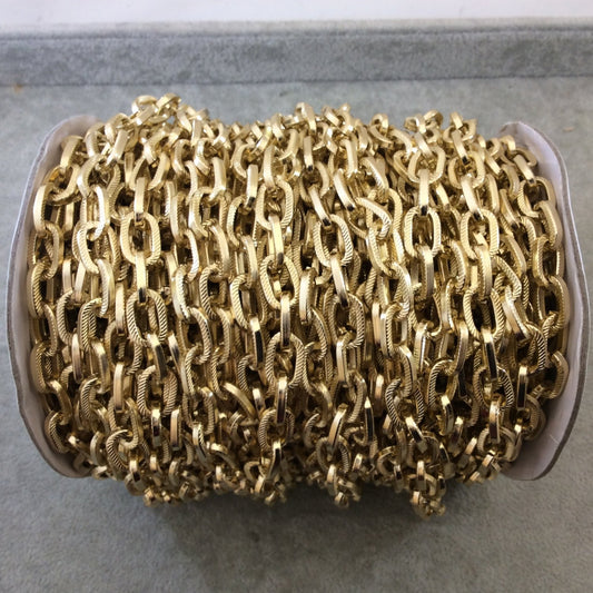 A1357 FULL SPOOL - Gold Plated Aluminum Hammered/Dapped Straight Oval Shaped Cable Chain with 9mm x 14mm Links - Three Finishes Available