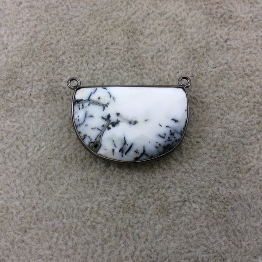Gunmetal Plated Natural Dendritic Opal Faceted Half-Moon Shaped Copper Bezel Pendant - Measures 30mm x 20mm - Sold Individually, Random