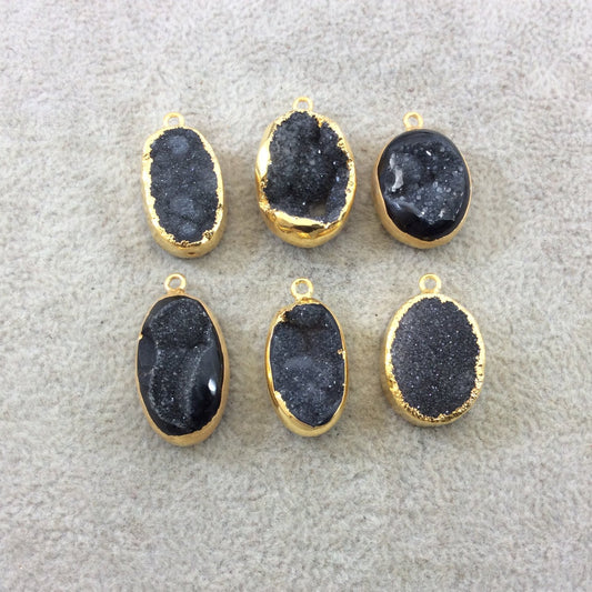 Small Gold Electroplated Black/Gray Druzy Agate Oblong Vertical Oval Shaped Pendant - Measuring 18-24mm Approx. - Sold Individually, Random