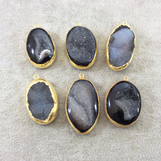 Large Gold Electroplated Black/Gray Druzy Agate Oblong Vertical Oval Shaped Pendant - Measuring 30-36mm Approx. - Sold Individually, Random
