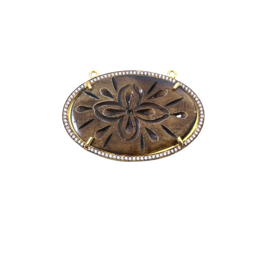 1.5" Pave Cubic Zirconia Encrusted Brown Natural Ox Bone Floral Carved Oval Shaped Pendant - Measuring 54mm x 37mm - Sold Individually