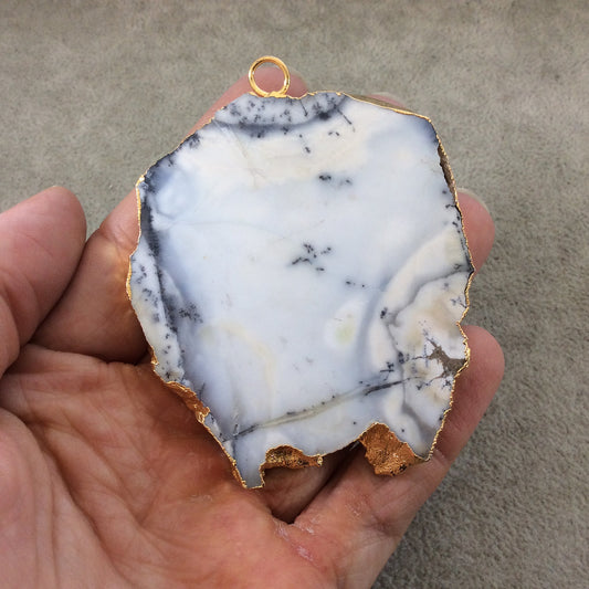 Single OOAK Extra-Large Sized Gold Plated Natural Matte Dendritic Opal Freeform Slab/Slice Shaped Pendant - Measuring 59mm x 70mm, Approx.