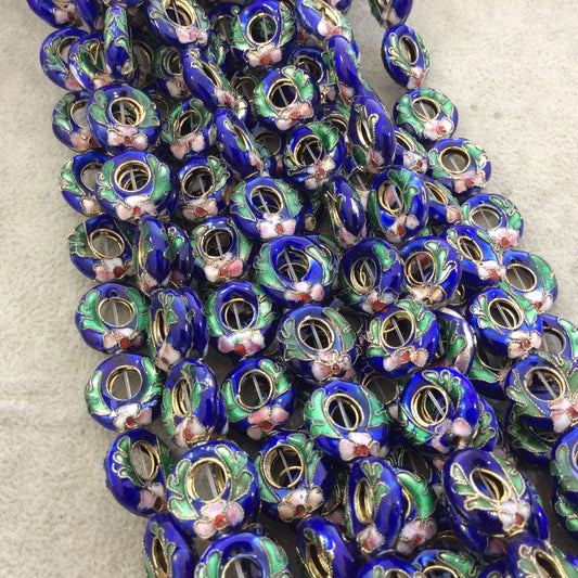 15mm Decorative Floral Cobalt Blue Donut/Ring Shaped Metal/Enamel Cloisonné Beads - Sold by 15" Strands (Approx. 27 Beads Per Strand)