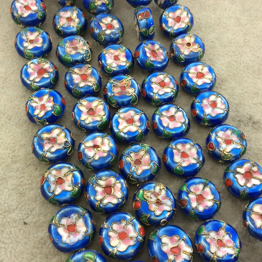 16mm Decorative Floral Medium Blue Puffed Drum Shaped Metal/Enamel Cloisonné Beads - Sold by 15" Strands (Approx. 25 Beads Per Strand)