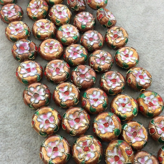16mm Decorative Floral Multicolor Orange Puffed Drum Shaped Metal/Enamel Cloisonné Beads - Sold by 15" Strands (Approx. 25 Beads Per Strand)