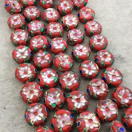 16mm Decorative Floral Multicolor Red Puffed Drum Shaped Metal/Enamel Cloisonné Beads - Sold by 15" Strands (Approx. 25 Beads Per Strand)