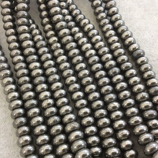 6mm x 10mm Smooth Natural Metallic Pyrite Rondelle/Disc Shaped Beads with 1mm Holes - Sold by 15.75" Strands (Approximately 62 Beads)