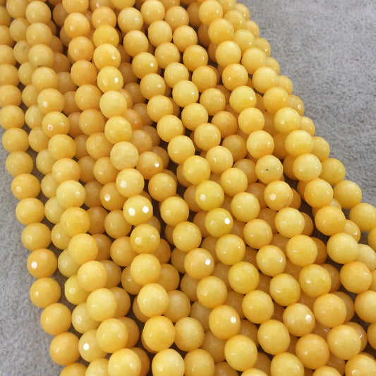 8mm Faceted Dyed Cadmium Yellow Natural Jade Round/Ball Shape Beads with 1mm Beading Holes - Sold by 14.75" Strands (Approximately 47 Beads)