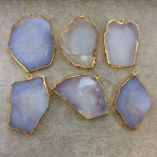 X-Large Sized Gold Plated Natural Milky Gray/Blue Chalcedony Freeform Shaped Pendants - Measuring 70-80mm Long, Approx. - Individual, Random