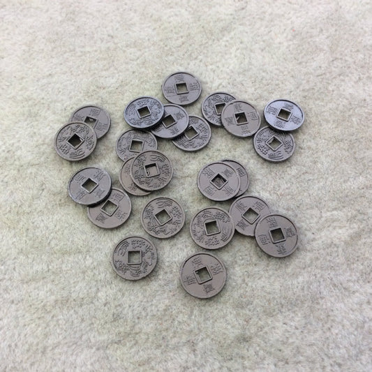 Bulk Pack of 10mm Oxidized Gunmetal Plated Tibetan Silver Detailed Oriental Coin/Circle Shaped Focal Charms/Pendants - Sold in Packs of 24