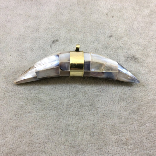 3.5" Light Cool Gray Thick Banana Crescent Shaped Natural Abalone Pendant with Plain Gold Plated Bail - Measuring 95mm x 20mm - (TR114-GY)