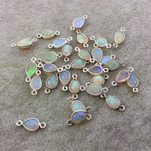 Sterling Silver Smooth Teardrop/Pear Shaped Genuine Ethiopian Opal Bezel Connector - Measuring 5mm x 8-9mm - Sold Individually, Random