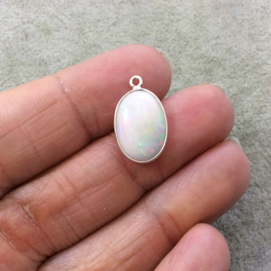 Single OOAK Sterling Silver Smooth Semi-Opaque Rainbow Genuine Ethiopian Opal Vertical Oval Shaped Bezel Pendant - Measuring 11mm x 15mm