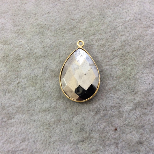 Gold Plated Faceted Natural Metallic Pyrite Pear/Teardrop Shaped Bezel Pendant Component - Measuring 18mm x 25mm - High Quality Gemstone