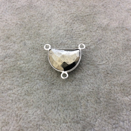 Sterling Silver Faceted Half Moon Shaped Natural Pyrite Bezel Pendant/Connector - Measuring 16mm x 12mm - Sold Individually, Random