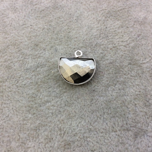Sterling Silver Faceted Half Moon Shaped Natural Pyrite Bezel Pendant Component - Measuring 16mm x 12mm - Sold Individually, Random
