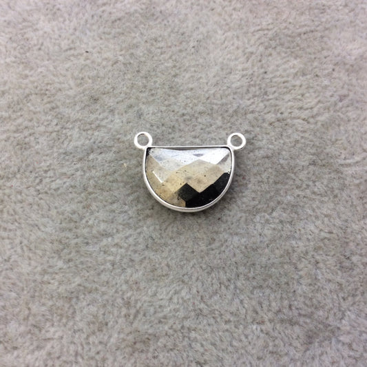 Sterling Silver Faceted Half Moon Shaped Natural Pyrite Bezel Pendant Component - Measuring 16mm x 12mm - Sold Individually, Random