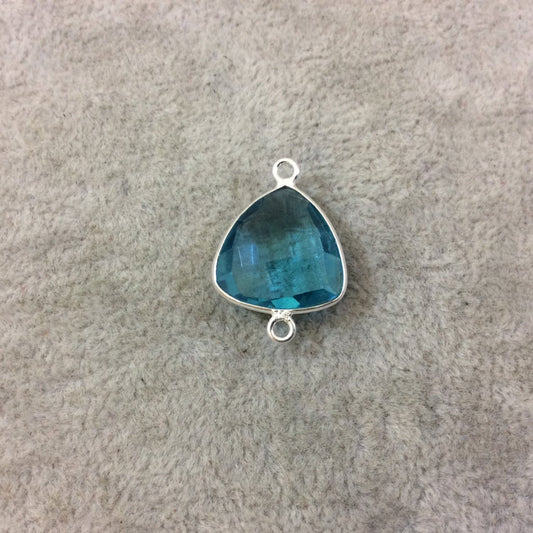 Sterling Silver Faceted Trillion Shaped Light Teal Blue Hydro (Man-made) Quartz Bezel Connector - Measuring 16mm x 16mm - Sold Individually