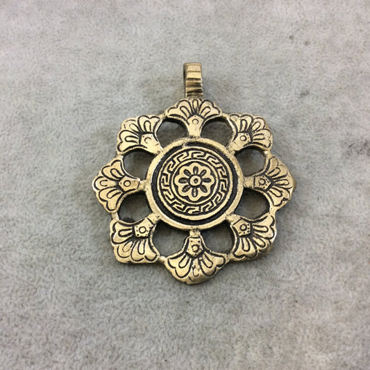 2.25" Heavy Oxidized Brass Detailed Flower Medallion Shaped Pendant with Attached Bail - Measuring 60mm x 60mm, Approx. - Sold Individually