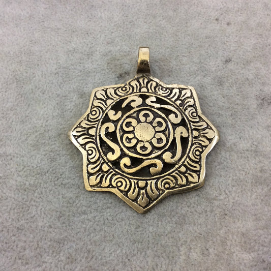 2.25" Heavy Oxidized Brass Detailed Star Medallion Shaped Pendant with Attached Bail - Measuring 60mm x 60mm, Approx. - Sold Individually