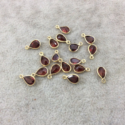 BULK LOT - Pack of Six (6) Gold Vermeil Pointed/Cut Stone Faceted Teardrop Shaped Deep Red Garnet Bezel Pendants - Measuring 5mm x 7mm
